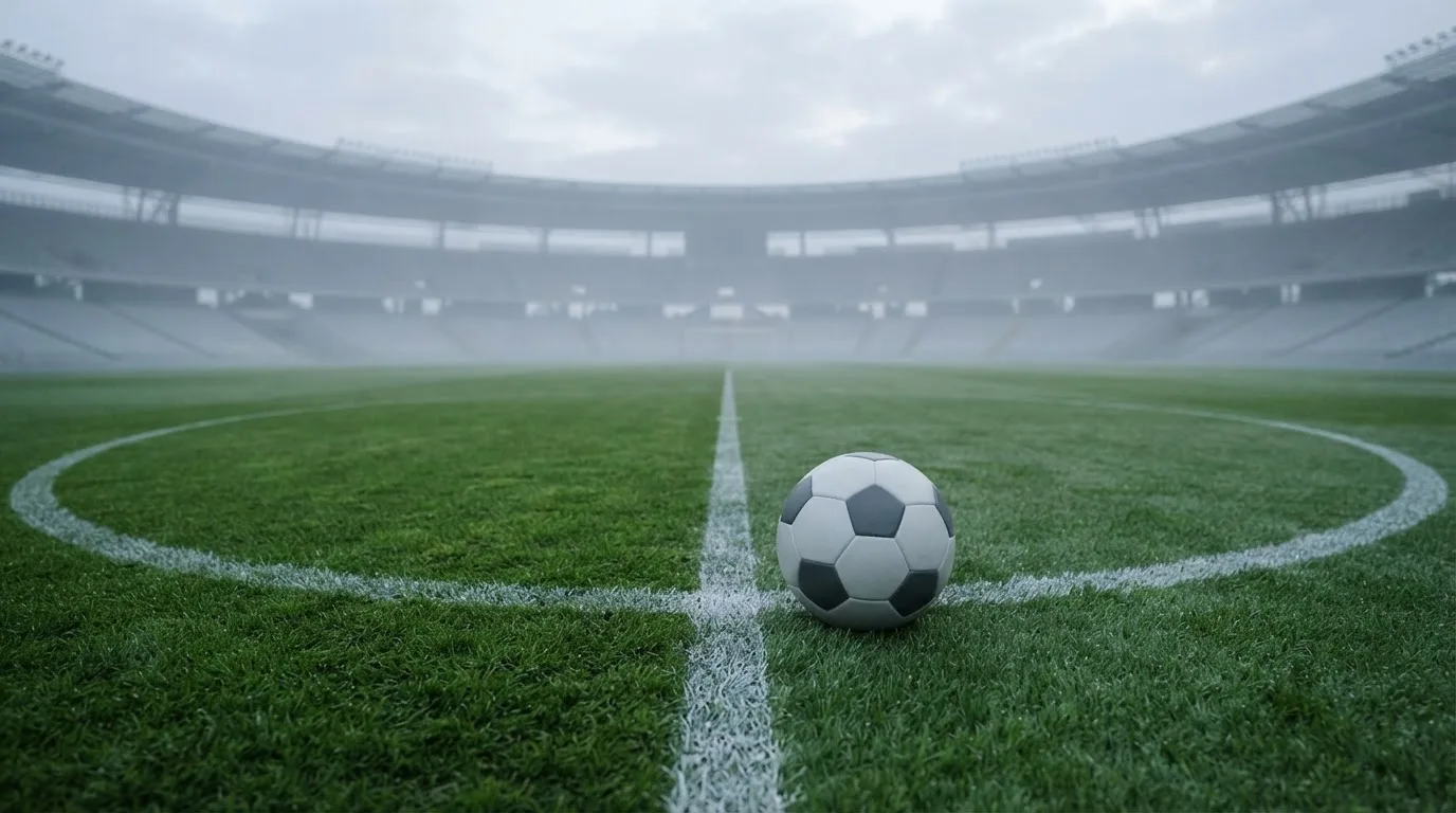 Ein Fußball liegt auf dem Mittelkreis eines leeren Rasenplatzes am frühen Morgen, im Hintergrund eine ferne Tribüne im Dunst.