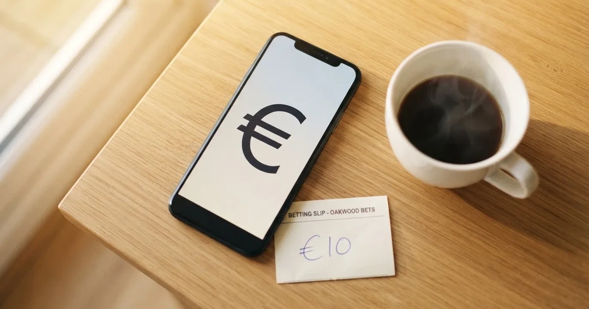 Ein Smartphone mit dunklem Display liegt neben einer Kaffeetasse und einigen Münzen auf einem hellen Holztisch, weiches Tageslicht fällt von links.