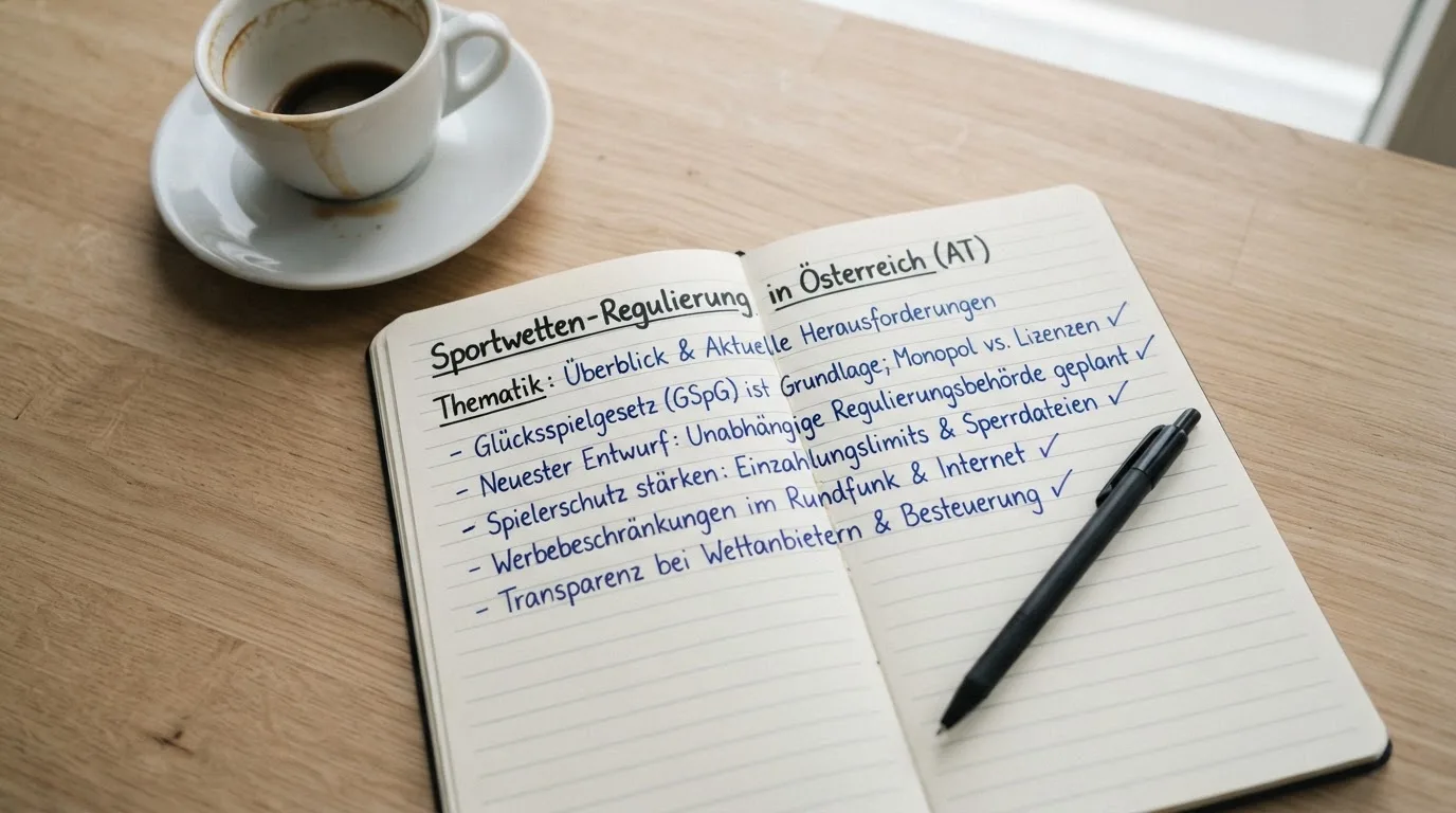 Ein Notizbuch mit handschriftlichen Notizen und ein Kugelschreiber liegen auf einem Schreibtisch neben einer Tasse, Blick schräg von oben.