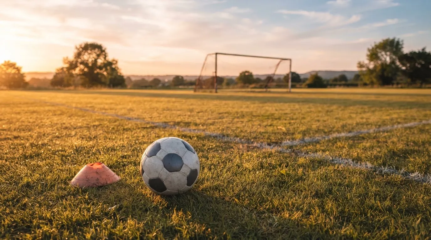 Ein Fußball liegt auf einem Trainingsplatz neben einem orangen Hütchen, Abendlicht fällt flach über den Rasen.