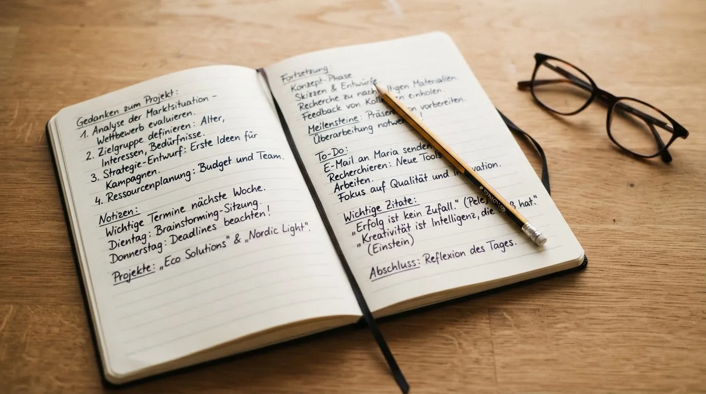 Ein aufgeschlagenes Notizbuch mit handschriftlichen Notizen liegt neben einem Bleistift auf einem Schreibtisch, daneben eine Brille.