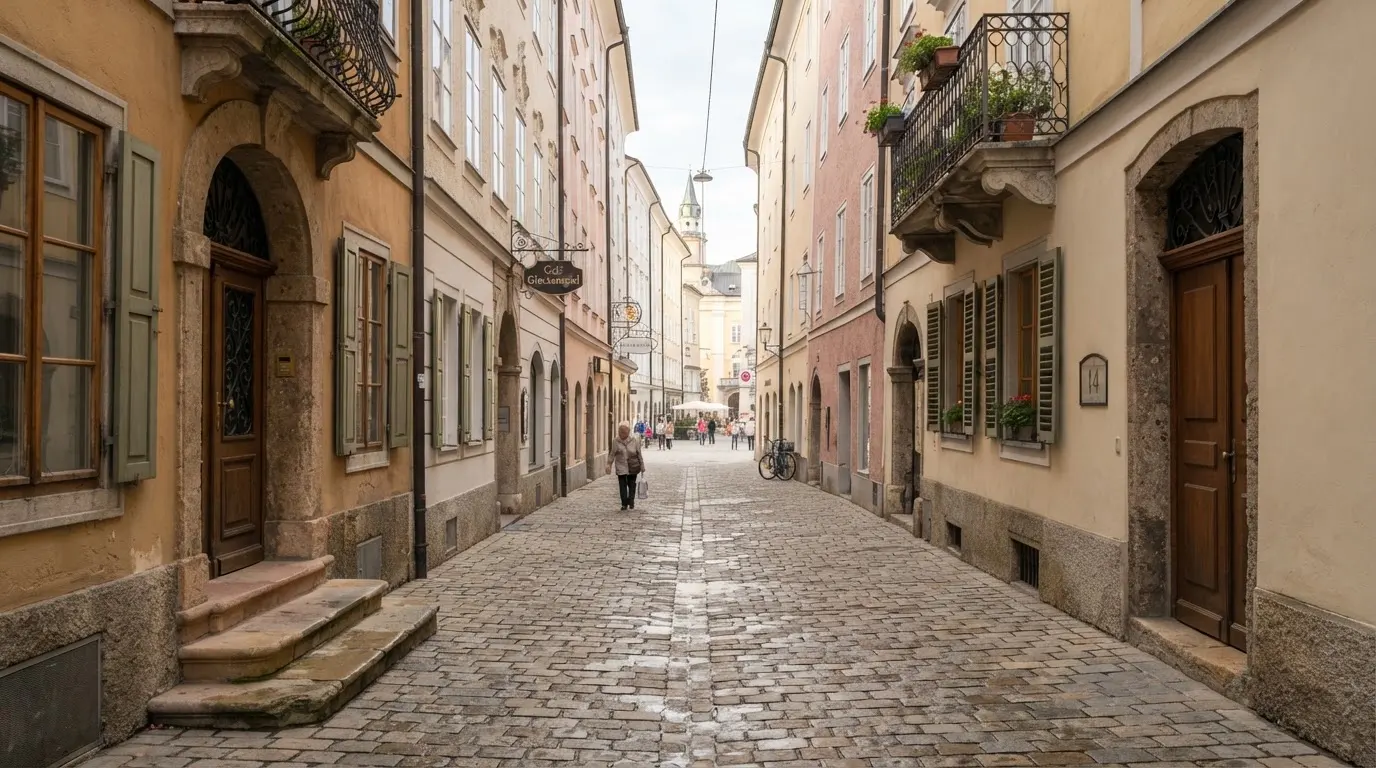 Ein ruhiger Straßenzug in einer Altstadt am Vormittag, helle Fassaden, keine Schilder, niemand ist zu sehen.