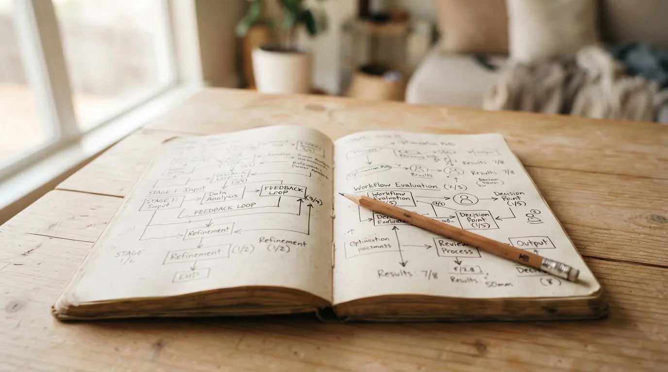 Ein aufgeschlagenes Notizbuch mit handschriftlichen Skizzen und Pfeilen liegt neben einem Bleistift auf einem Holztisch, Tageslicht fällt von der Seite.