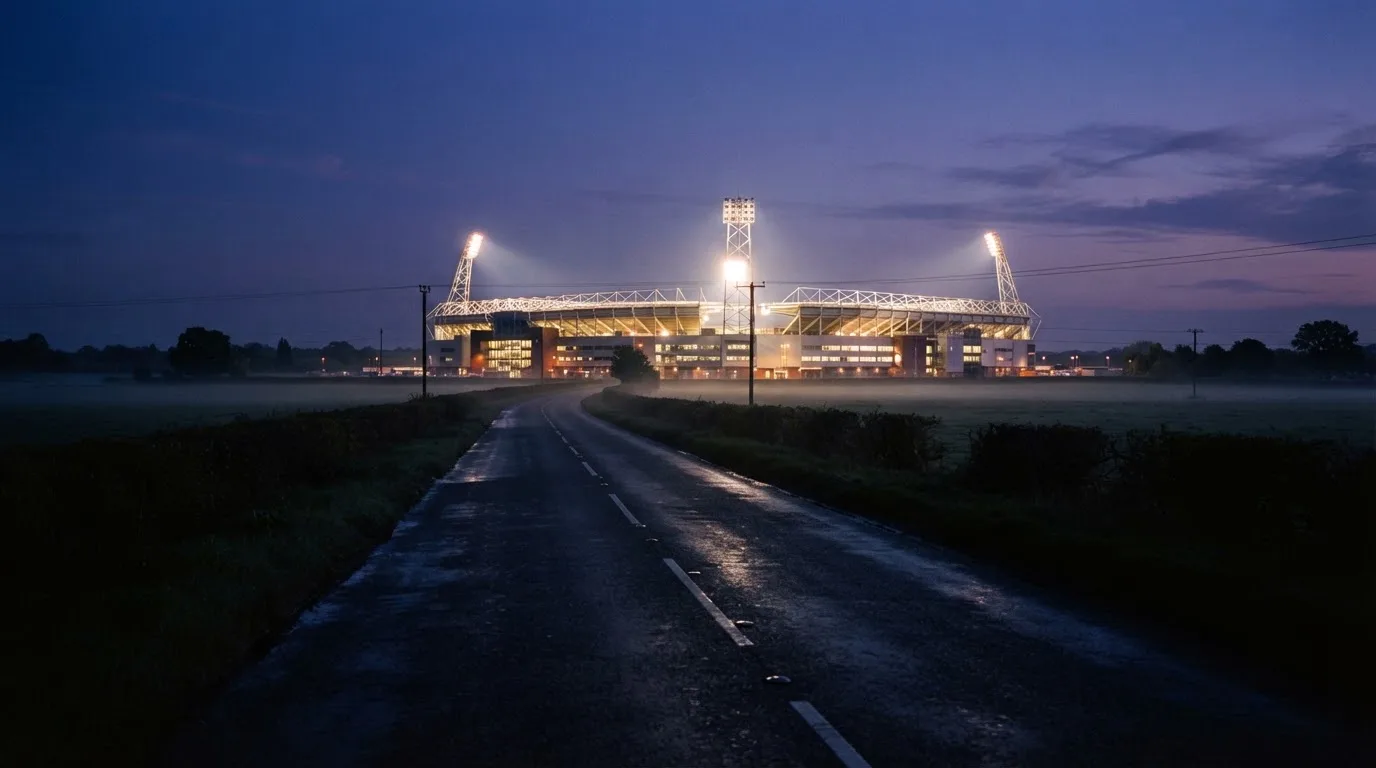 Ein Flutlichtstadion erhebt sich bei Dämmerung in der Ferne hinter einer leeren Landstraße, die Lichter sind eingeschaltet.