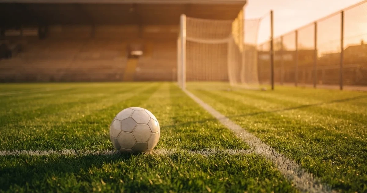 Ein Fußball liegt vor einem leeren Tor auf dem Rasen, das Netz hängt unbewegt, im Hintergrund ein verschwommener Zaun in warmem Abendlicht.
