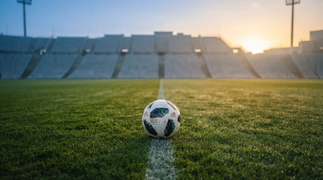Ein Fußball liegt auf dem Rasen vor einer leeren Tribüne am frühen Morgen, Tau glänzt auf dem Gras.
