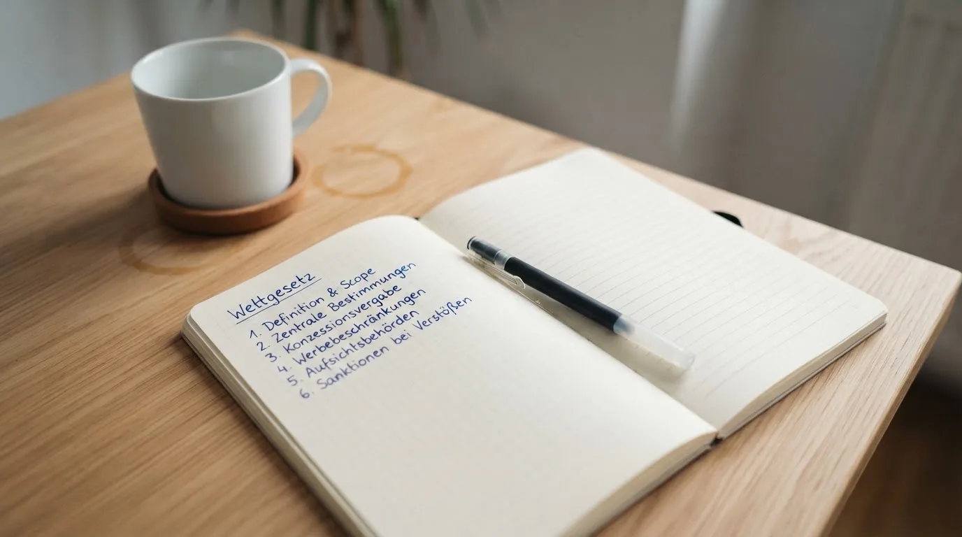 Ein Notizbuch mit handschriftlichen Notizen und ein Kugelschreiber liegen auf einem Schreibtisch neben einer Tasse, Blick schräg von oben.