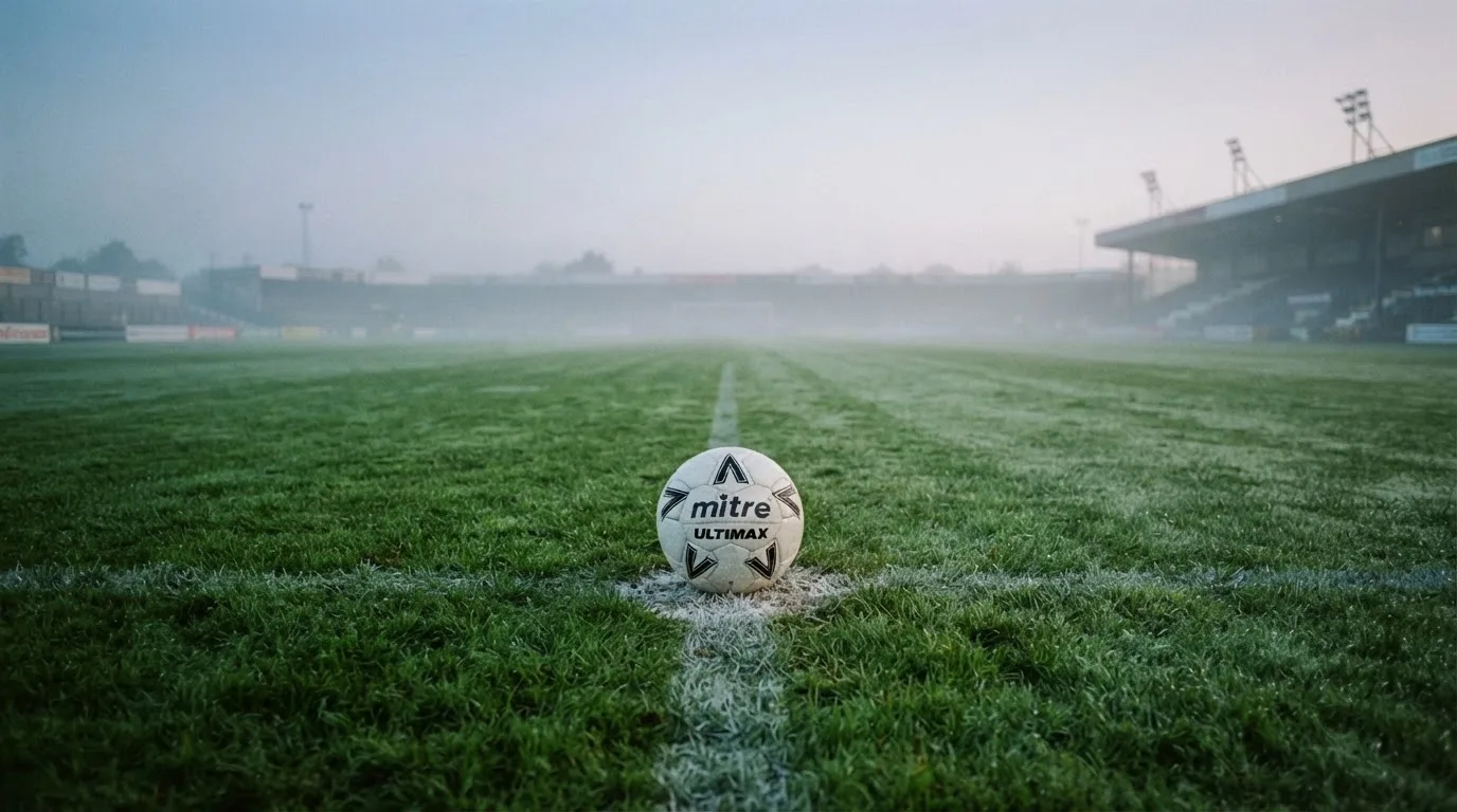 Ein Fußball liegt auf dem Anstoßpunkt eines leeren Rasenplatzes im Morgendunst, im Hintergrund eine ferne Tribüne.