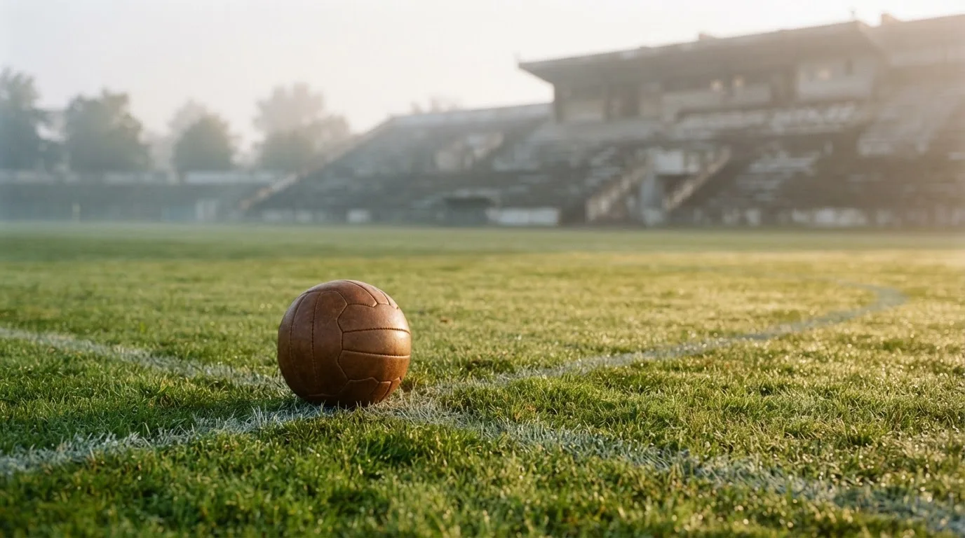 Ein Fußball liegt auf einem Rasenplatz, im Hintergrund eine ferne Tribüne im Morgendunst, Tau glänzt im Gras.