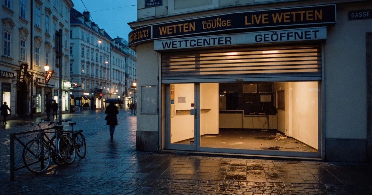 Ein hell erleuchtetes Ladenlokal ohne Beschriftung an einer Straßenecke bei Dämmerung, das Rollo ist halb geöffnet, niemand ist zu sehen.