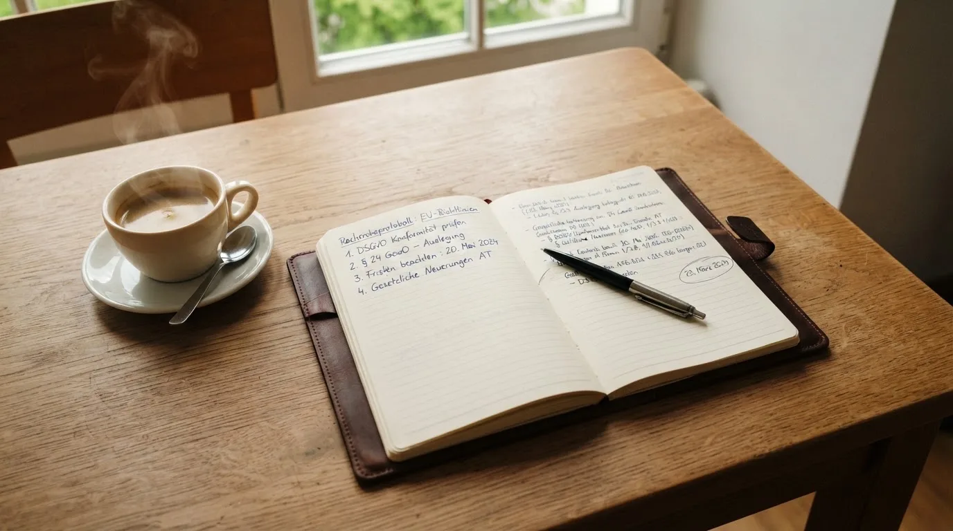 Ein Notizbuch mit handschriftlichen Notizen und ein Kugelschreiber liegen auf einem Schreibtisch neben einer Tasse, Blick schräg von oben.