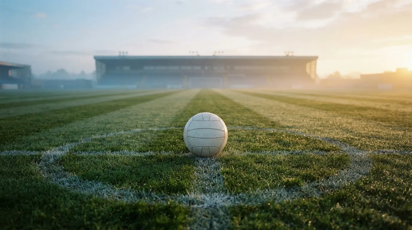 Ein Fußball liegt auf dem Mittelkreis eines leeren Rasenplatzes am frühen Morgen, im Hintergrund eine ferne Tribüne im Dunst.