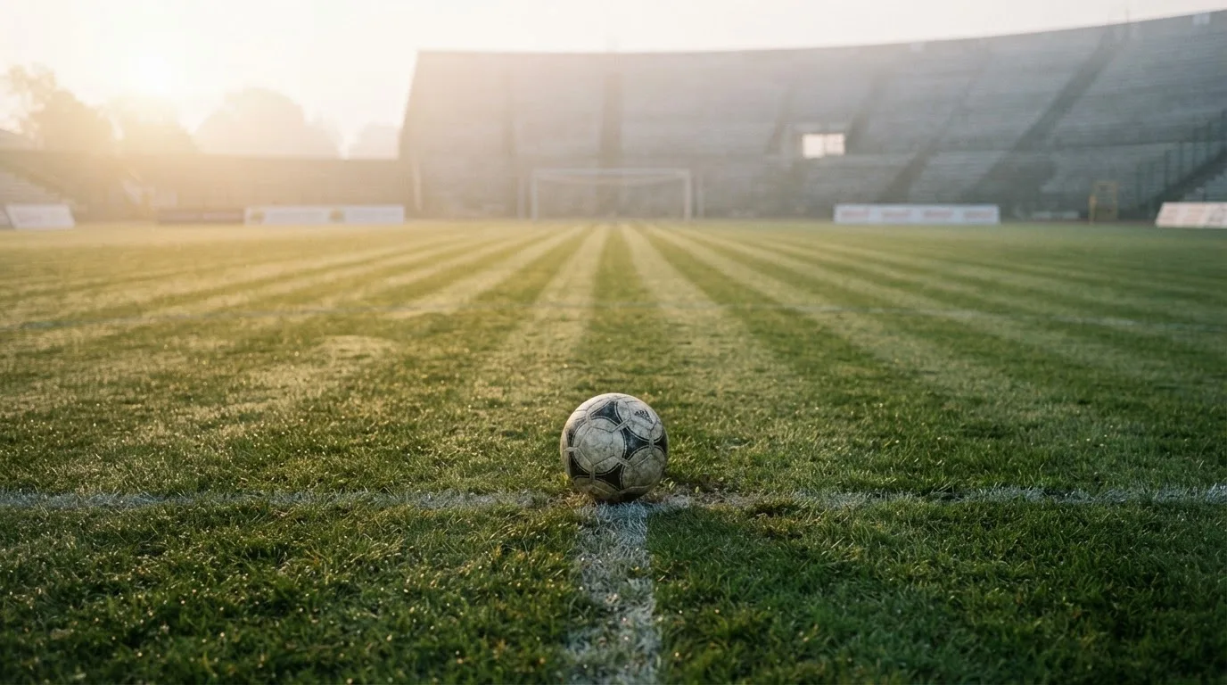 Ein Fußball liegt auf dem Mittelkreis eines leeren Rasenplatzes am frühen Morgen, im Hintergrund eine ferne Tribüne im Dunst.
