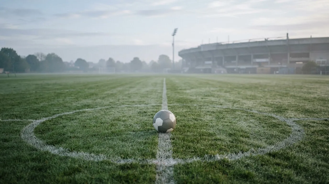 Ein Fußball liegt auf dem Mittelkreis eines leeren Rasenplatzes am frühen Morgen, im Hintergrund eine ferne Tribüne im Dunst.