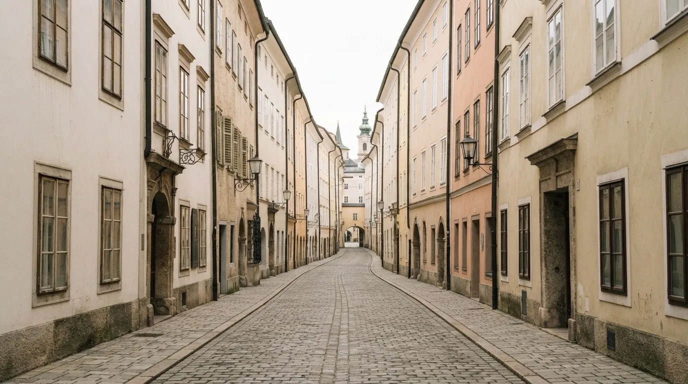 Ein ruhiger Straßenzug in einer Altstadt am Vormittag, helle Fassaden, keine Schilder, niemand ist zu sehen.