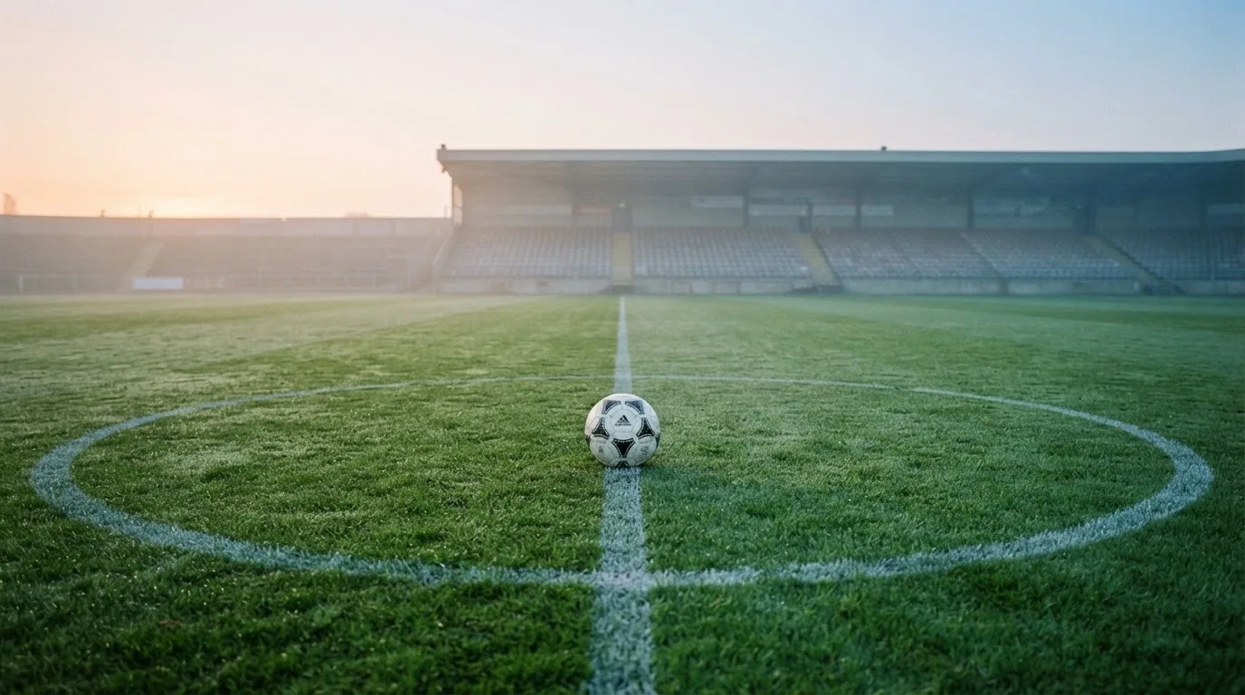 Ein Fußball liegt auf dem Mittelkreis eines leeren Rasenplatzes am frühen Morgen, im Hintergrund eine ferne Tribüne im Dunst.