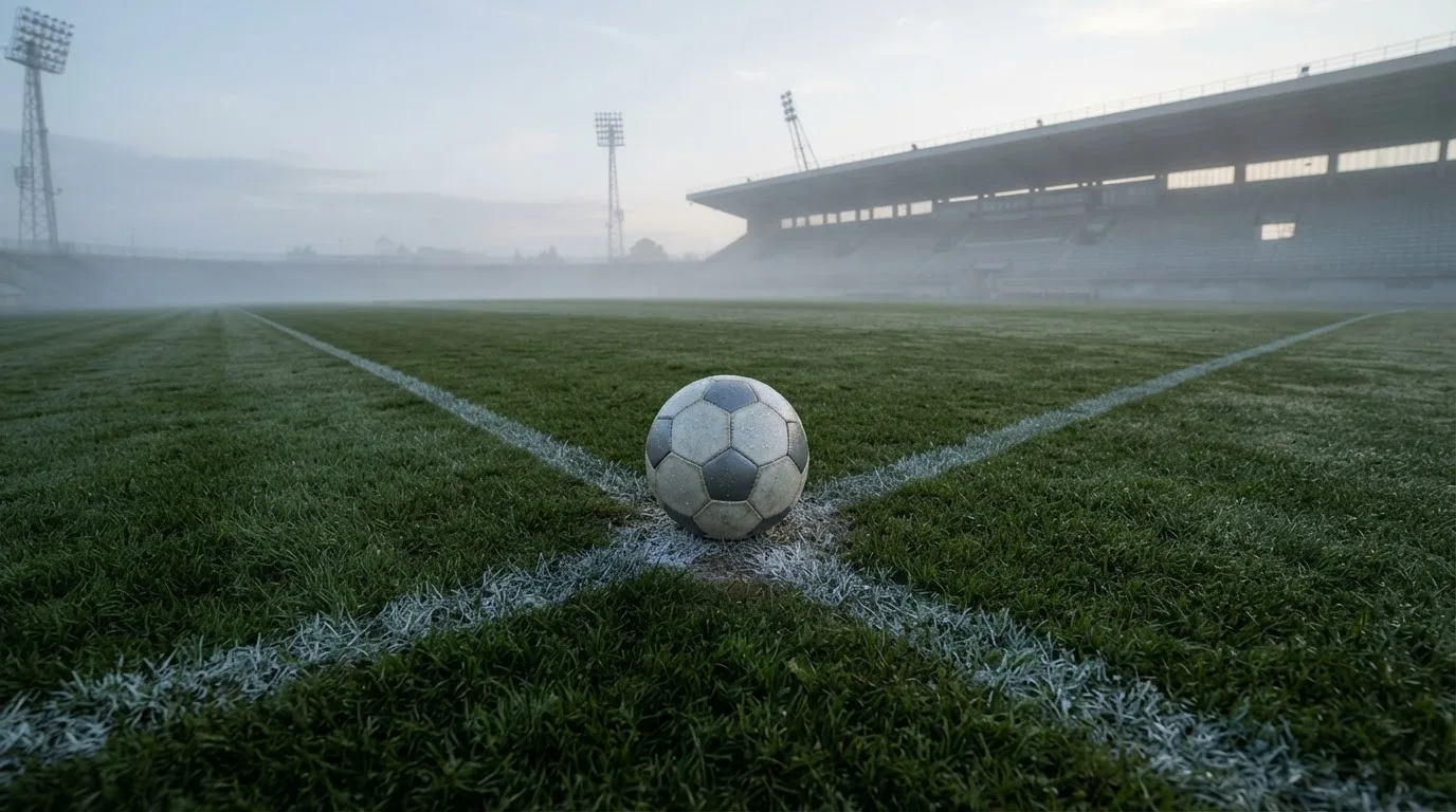 Ein Fußball liegt auf dem Mittelkreis eines leeren Rasenplatzes am frühen Morgen, im Hintergrund eine ferne Tribüne im Dunst.