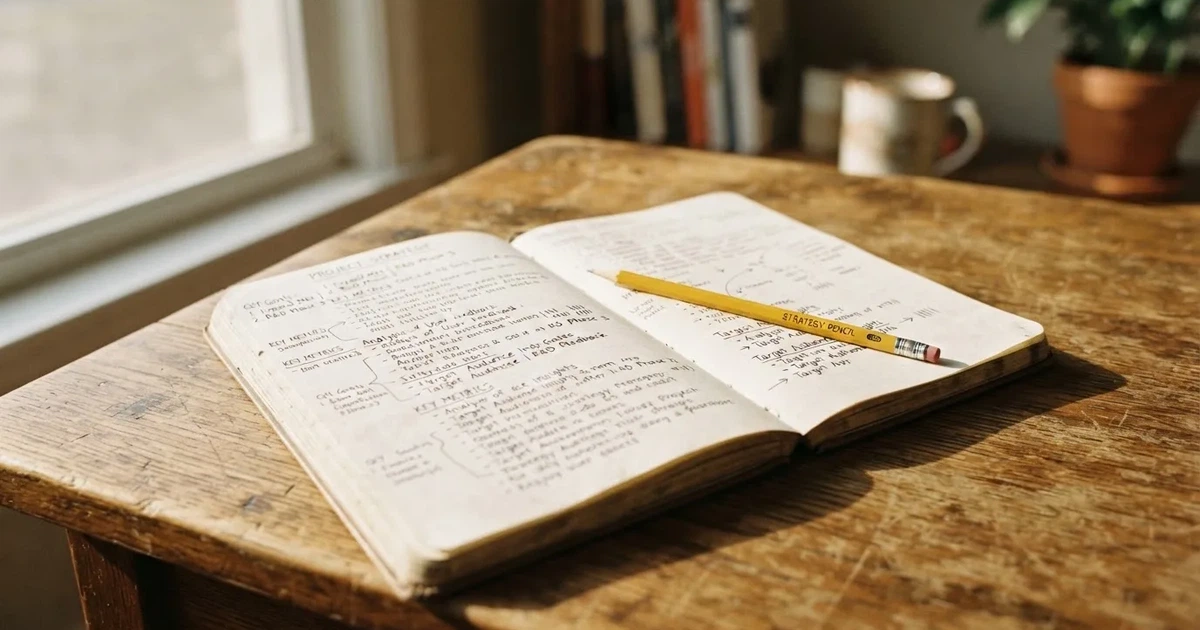 Ein Notizbuch mit handschriftlichen Notizen und kleinen Skizzen liegt aufgeschlagen neben einem Bleistift auf einem Schreibtisch, Fensterlicht von links.
