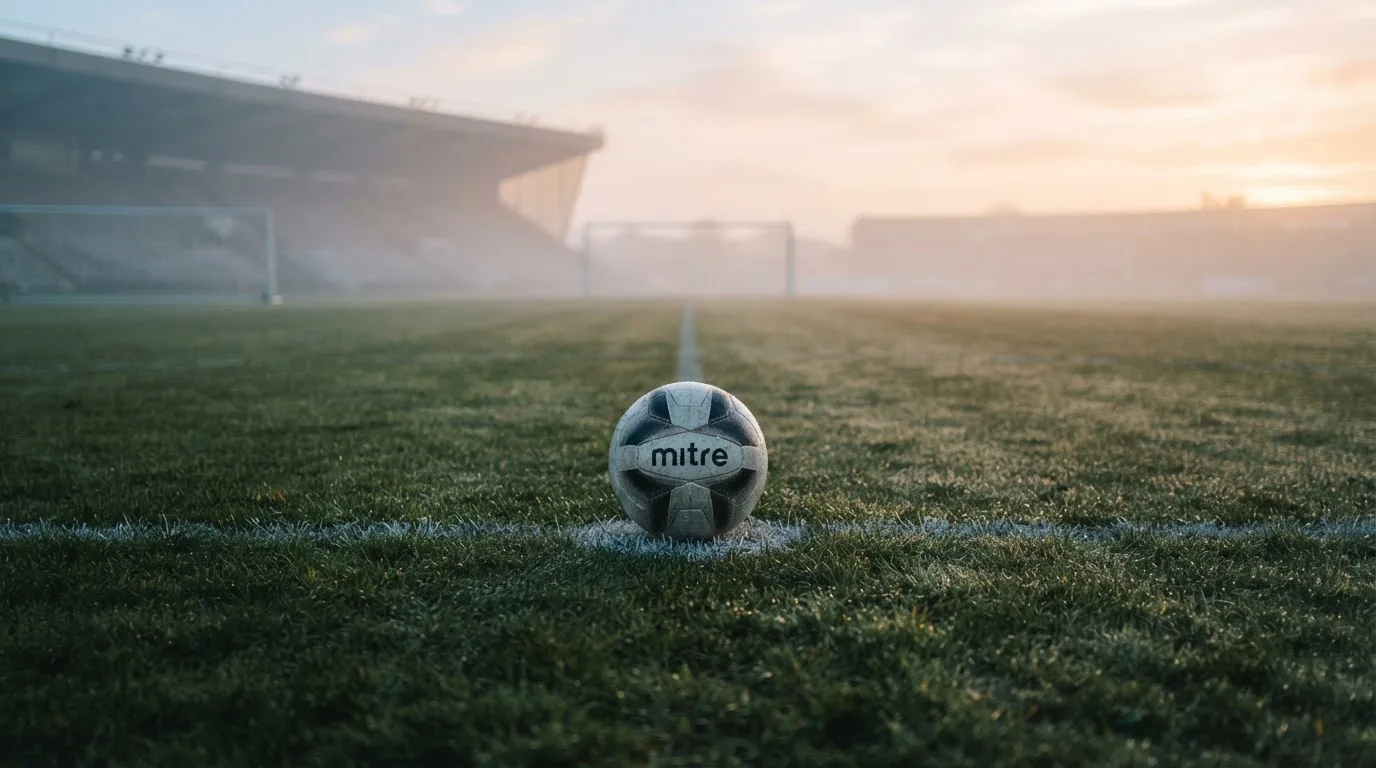 Ein Fußball liegt auf dem Anstoßpunkt eines leeren Rasenplatzes im Morgendunst, im Hintergrund eine ferne Tribüne.
