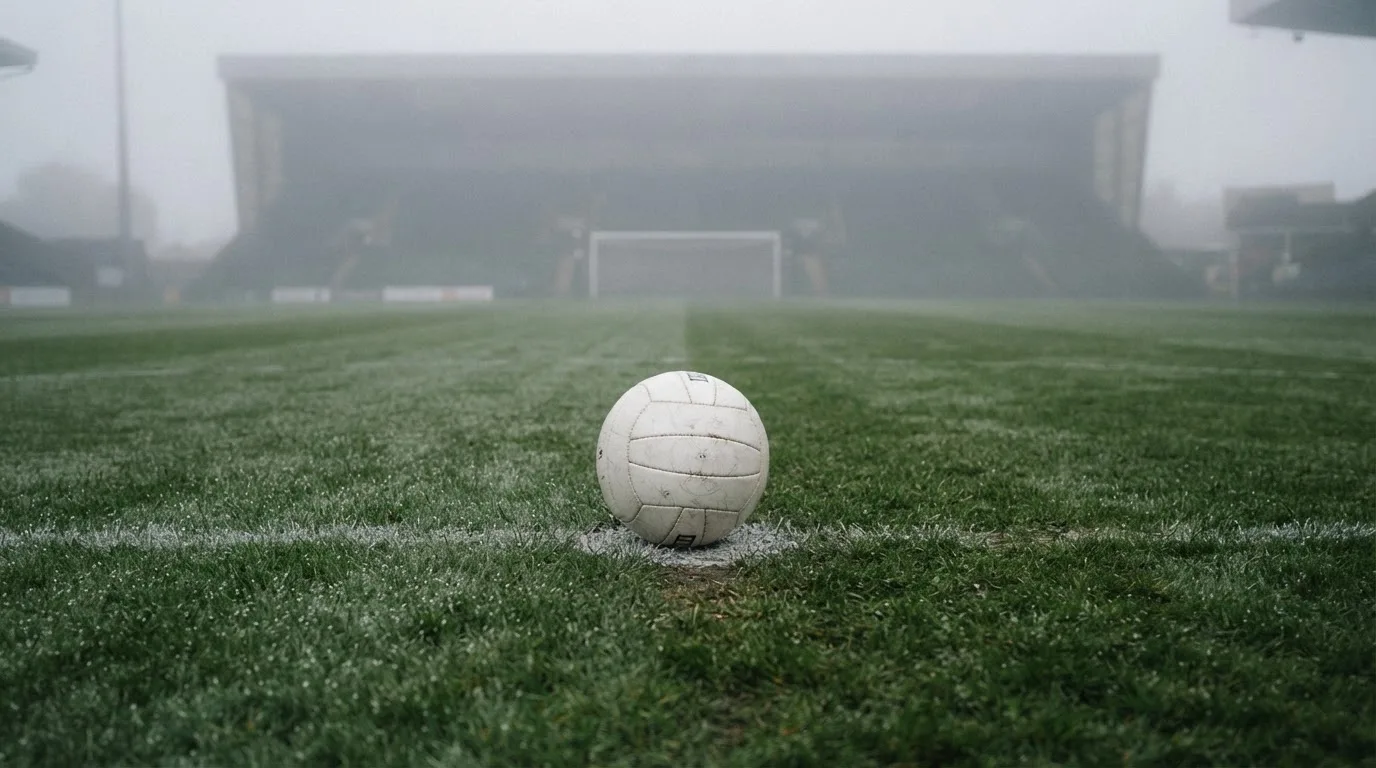 Ein Fußball liegt auf dem Anstoßpunkt eines leeren Rasenplatzes im Morgennebel, im Hintergrund verschwimmen die Tribünen.