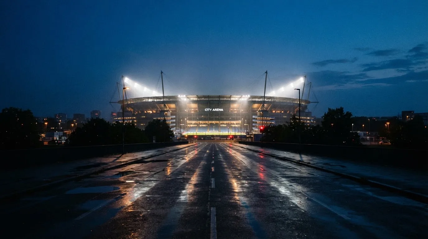 Ein Stadion unter Flutlicht aus großer Entfernung gesehen, davor eine nasse Straße in der Abenddämmerung.