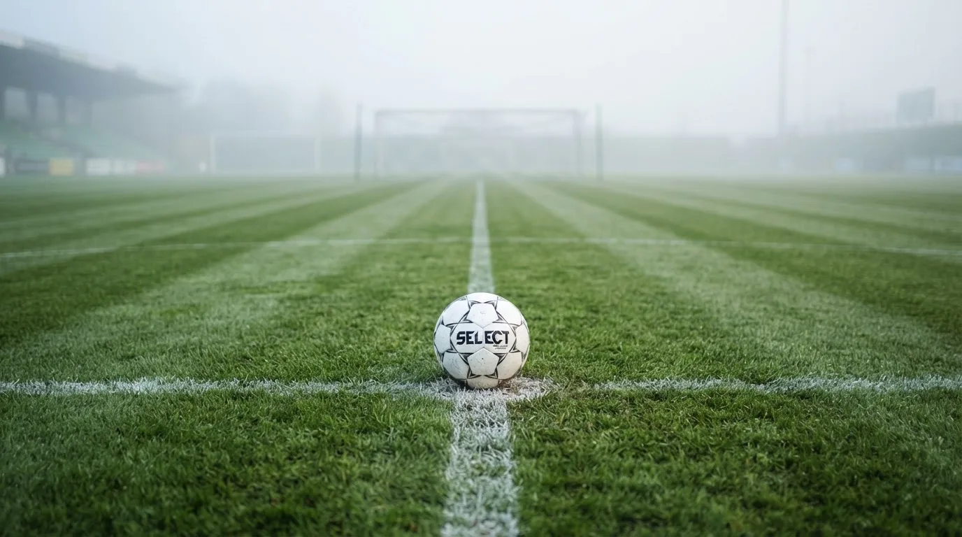 Ein Fußball liegt auf dem Anstoßpunkt eines leeren Rasenplatzes im Morgennebel.