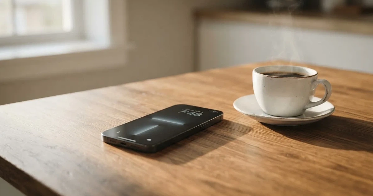 Ein Smartphone mit dunklem Display liegt auf einem Holztisch neben einer Kaffeetasse, Tageslicht fällt von der Seite ein.