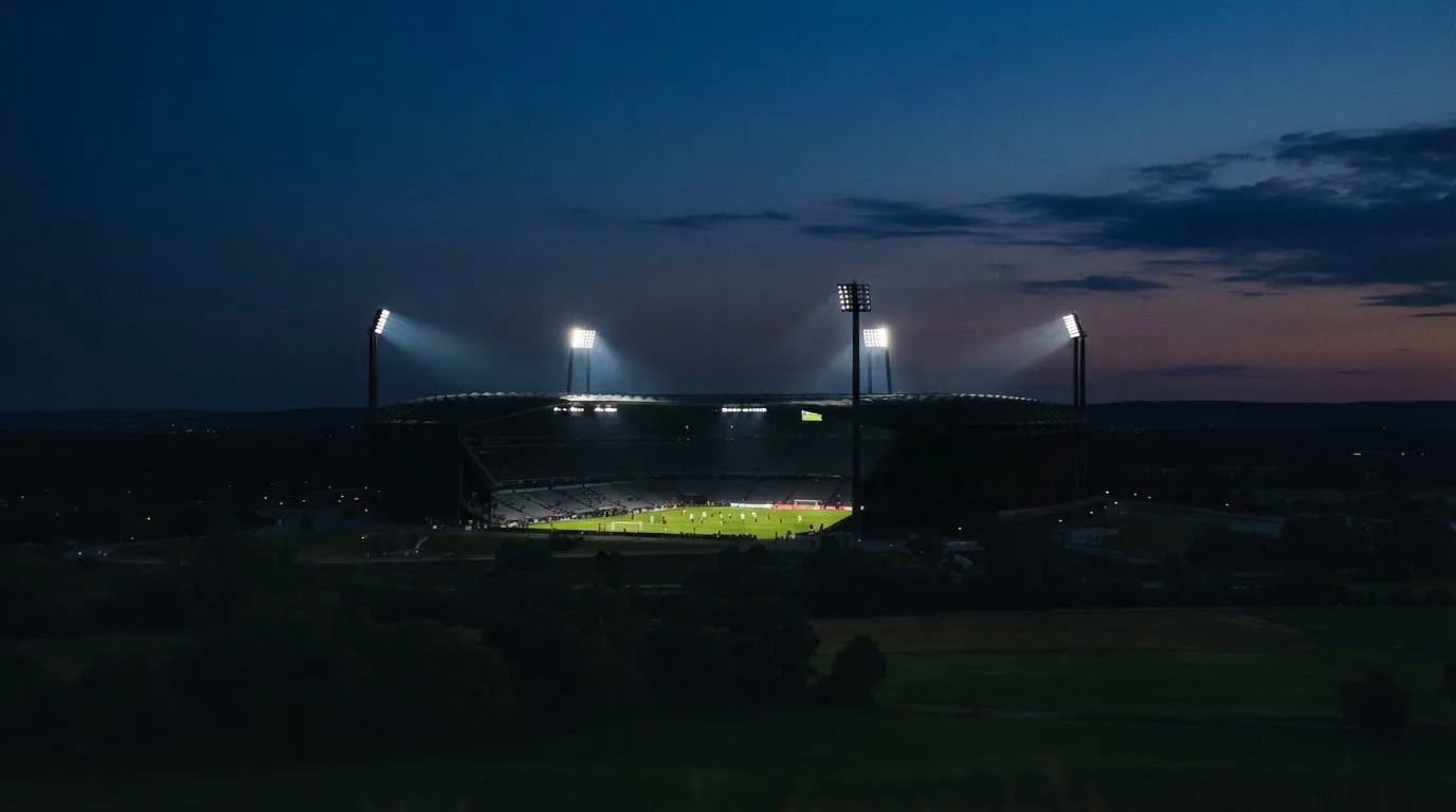 Ein Stadion unter Flutlicht aus großer Entfernung gesehen, der Himmel darüber ist tiefblau.
