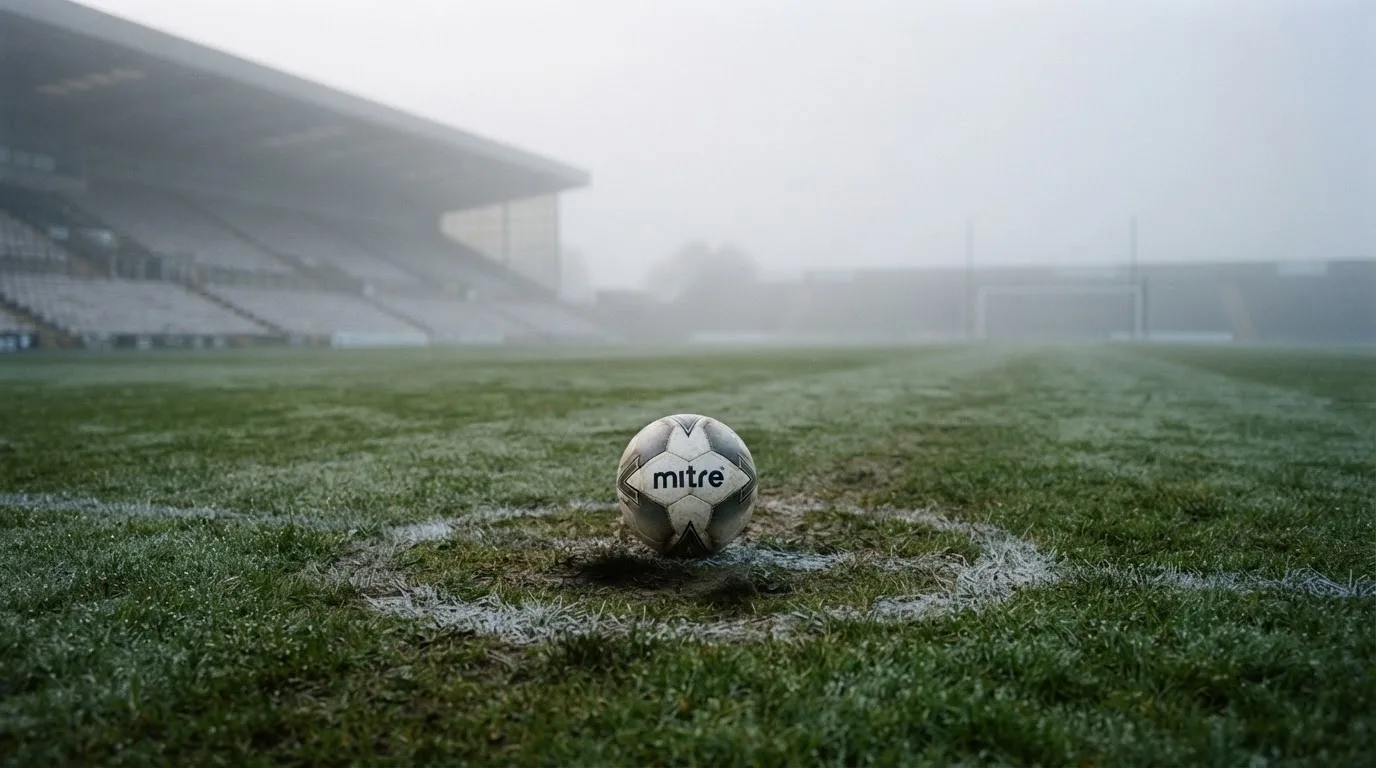 Ein Fußball liegt auf dem Rasen eines leeren Platzes im Morgennebel, im Hintergrund verschwimmen die Tribünen.