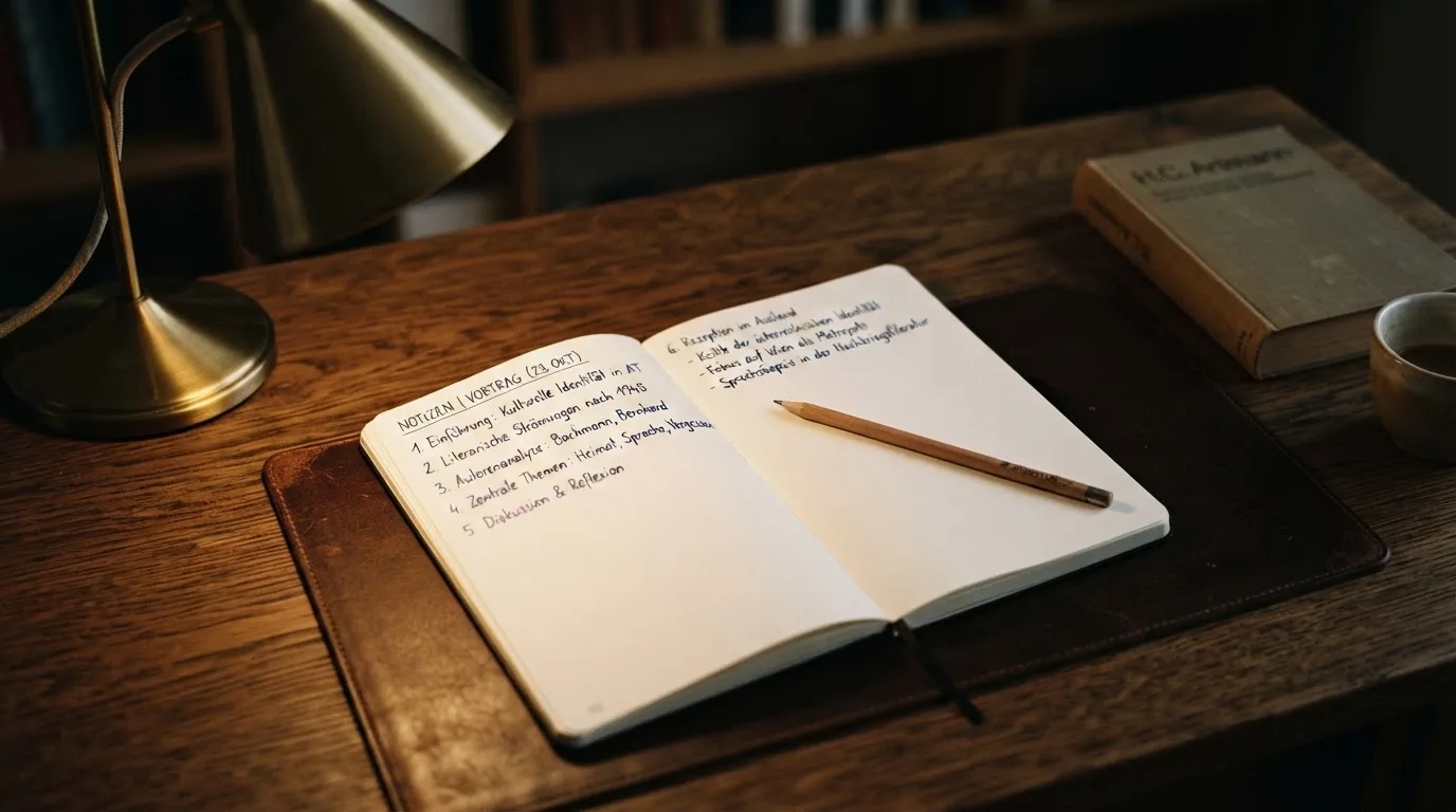 Ein aufgeschlagenes Notizbuch mit handschriftlichen Notizen und ein Bleistift liegen auf einem Schreibtisch im Licht einer Lampe.