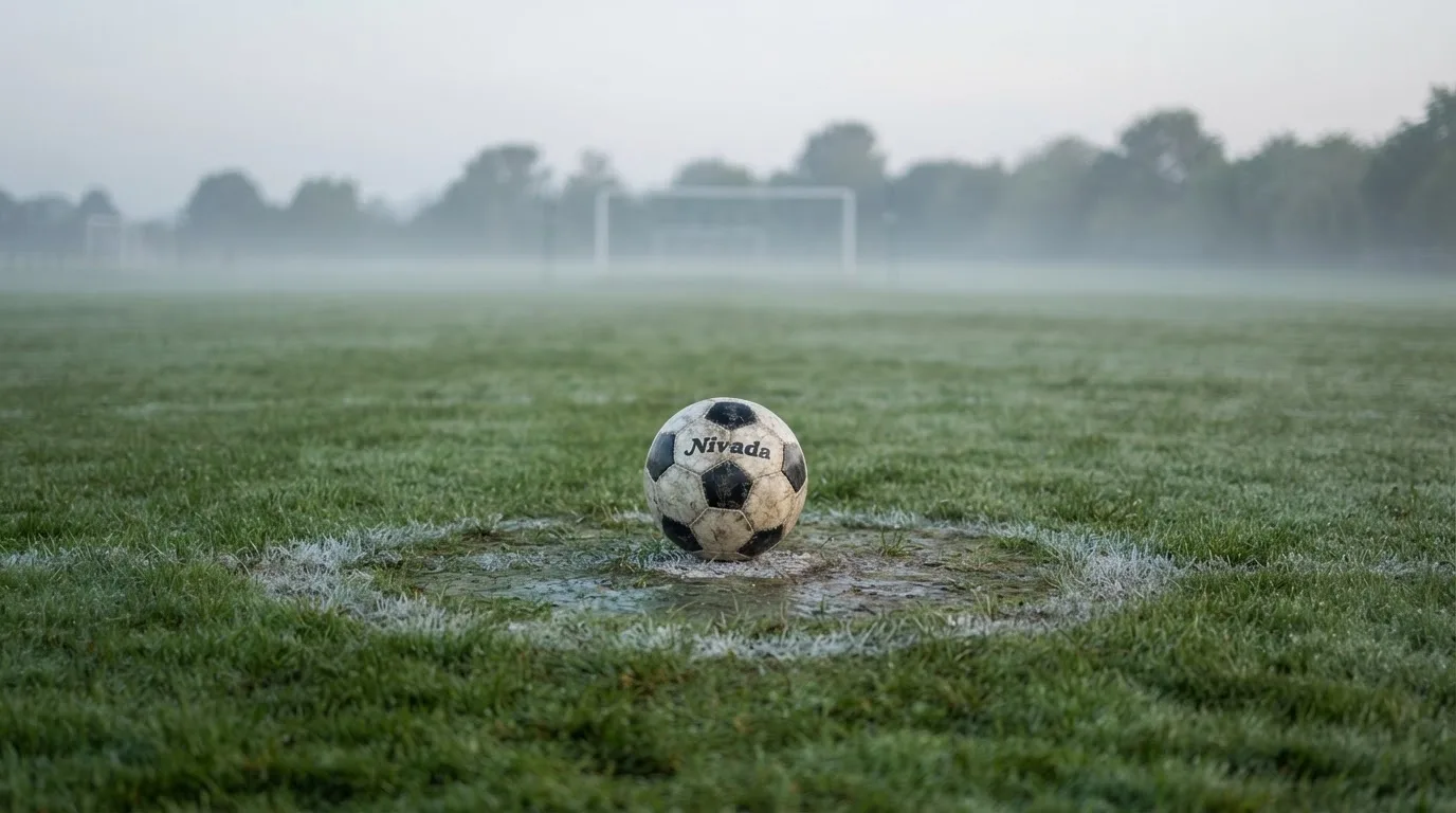 Ein Fußball liegt auf dem Anstoßpunkt eines leeren Rasenplatzes im Morgennebel.