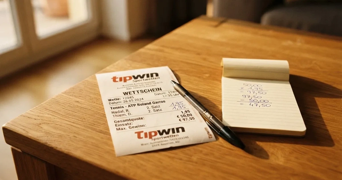 Ein leerer Wettschein aus Papier und ein Kugelschreiber liegen auf einem Holztisch, daneben ein kleiner Taschenrechner im Seitenlicht.