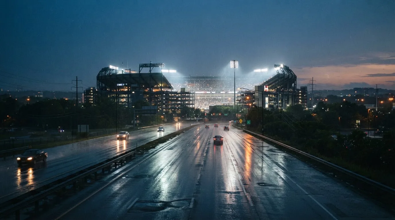 Ein Stadion unter Flutlicht aus großer Entfernung gesehen, davor eine regennasse Straße in der Dämmerung.