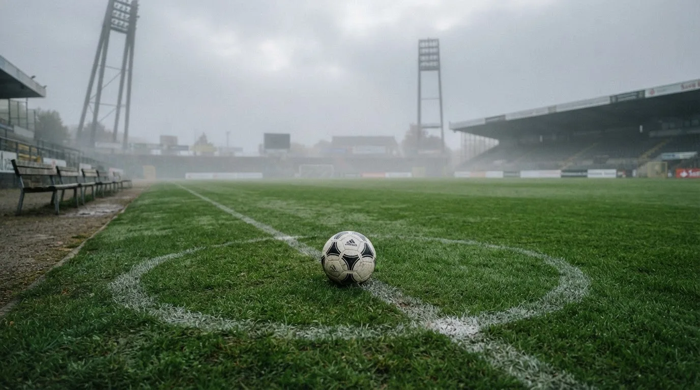 Ein Fußball liegt auf dem Rasen eines leeren Platzes im Morgennebel, am Rand stehen unbesetzte Ersatzbänke.