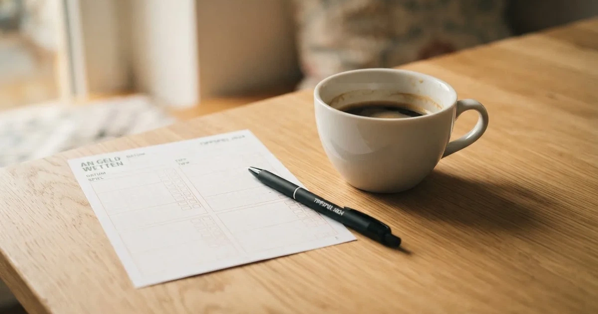 Ein leerer Wettschein aus Papier und ein Kugelschreiber liegen auf einem hellen Holztisch neben einer Kaffeetasse.