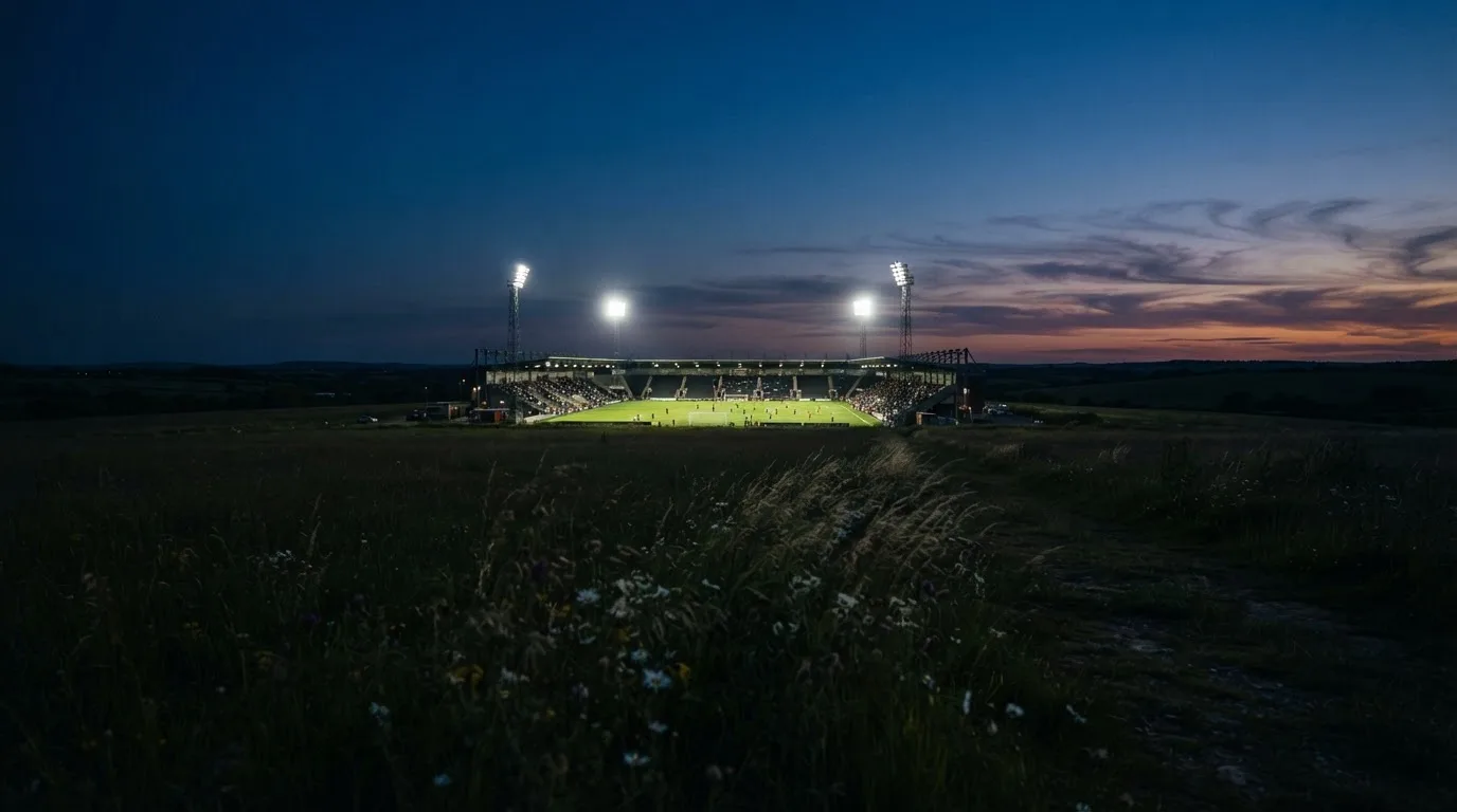 Ein Stadion unter Flutlicht aus großer Entfernung gesehen, der Himmel darüber ist tiefblau.