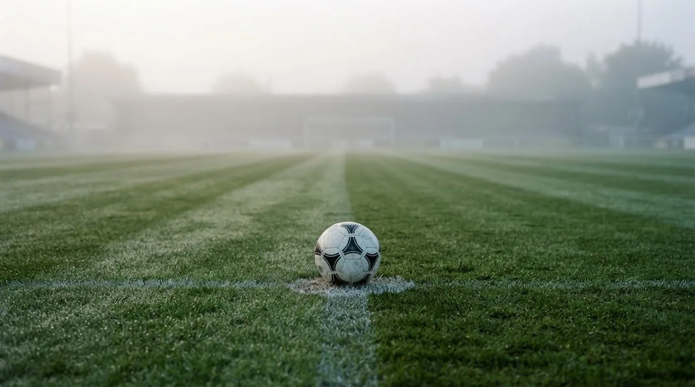 Ein Fußball liegt auf dem Anstoßpunkt eines leeren Rasenplatzes im Morgennebel.