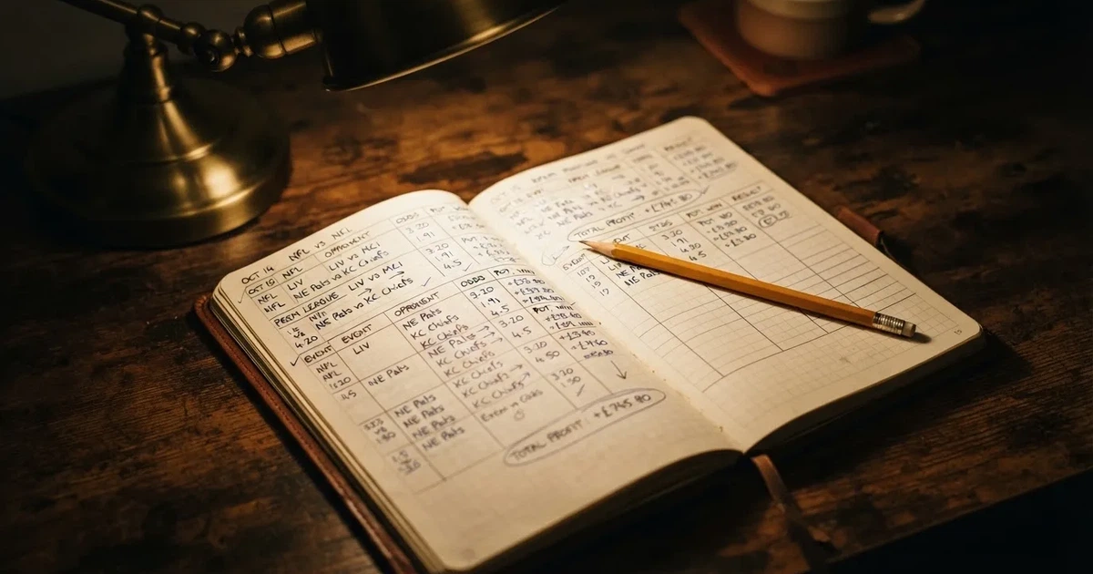 Ein aufgeschlagenes Notizbuch mit handschriftlichen Notizen und ein Bleistift liegen auf einem Schreibtisch im Licht einer Lampe.