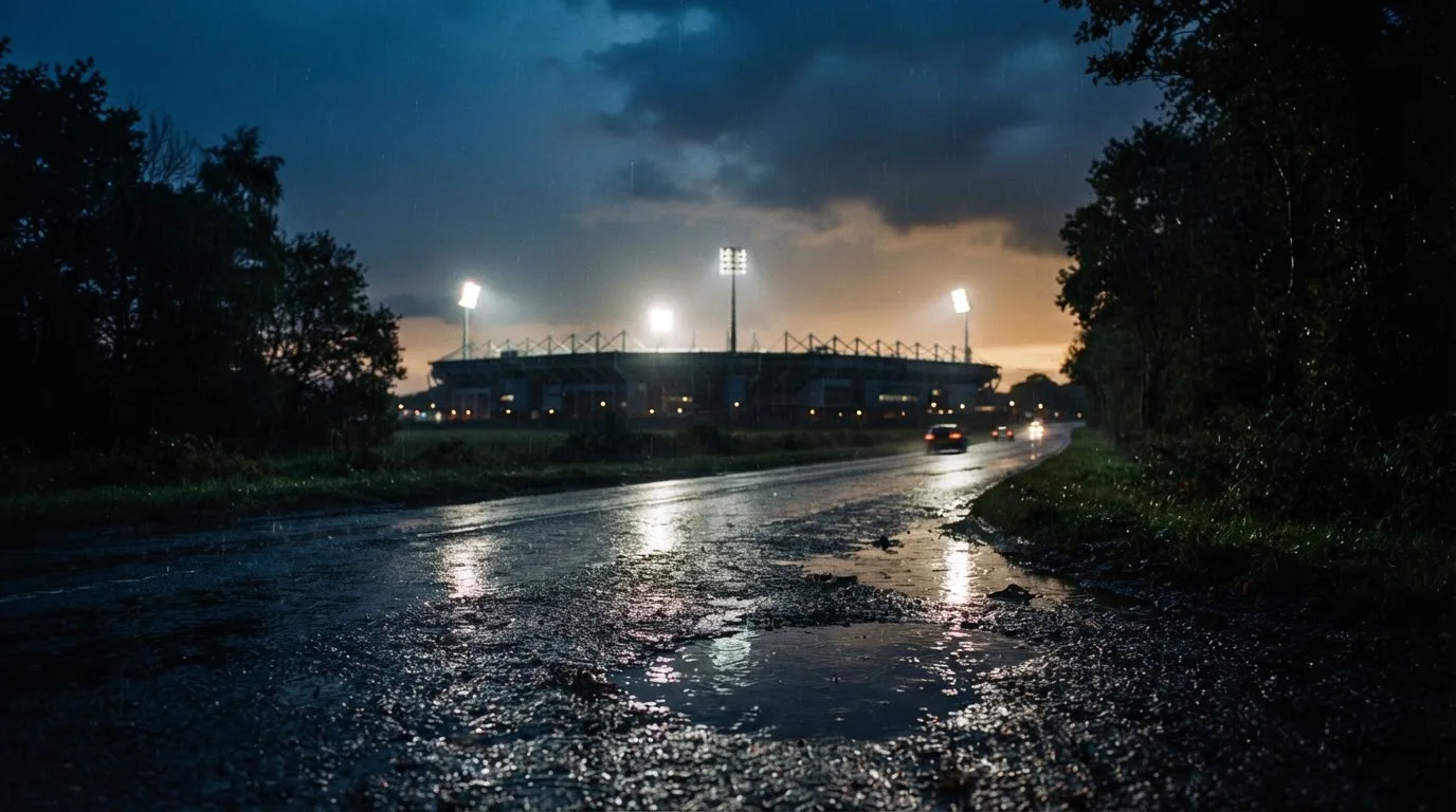 Ein Stadion unter Flutlicht aus großer Entfernung gesehen, davor eine regennasse Straße in der Dämmerung.