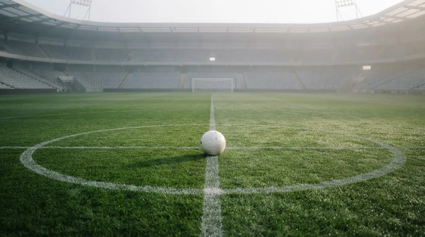 Ein Fußball liegt auf dem Anstoßpunkt eines leeren Rasenplatzes im Morgennebel.
