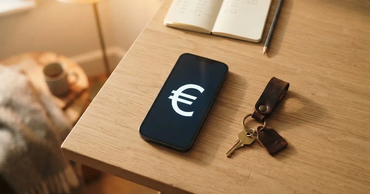 Ein Smartphone mit dunklem Display liegt auf einem hellen Tisch neben einem Schlüsselbund, Tageslicht fällt von der Seite ein.