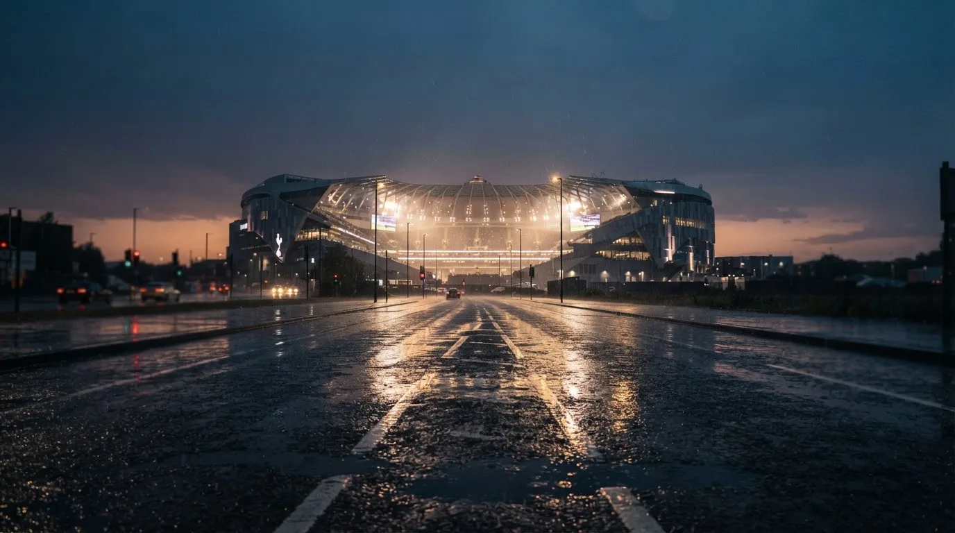 Ein Stadion unter Flutlicht aus großer Entfernung gesehen, davor eine regennasse Straße in der Dämmerung.