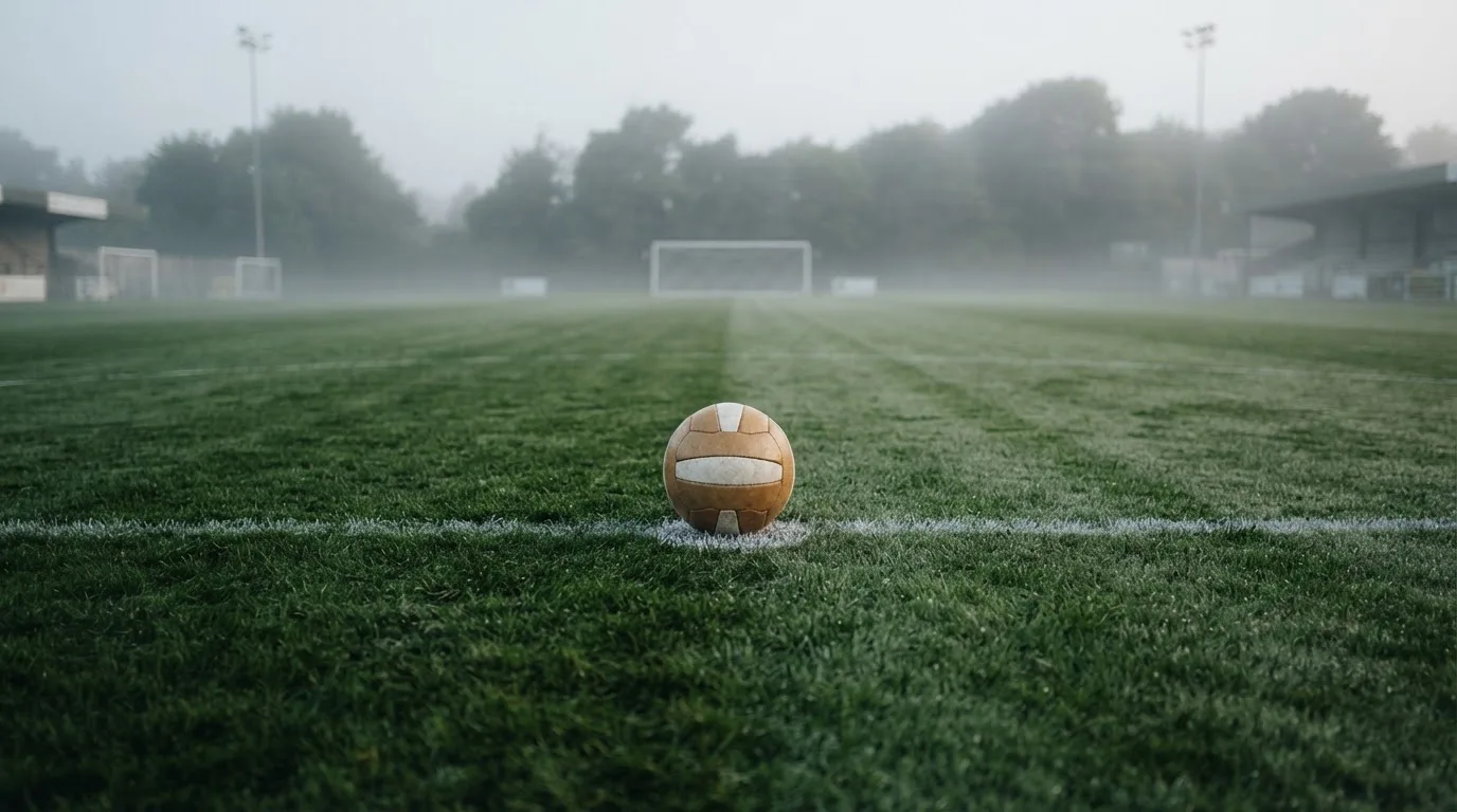 Ein Fußball liegt auf dem Anstoßpunkt eines leeren Rasenplatzes im Morgennebel.