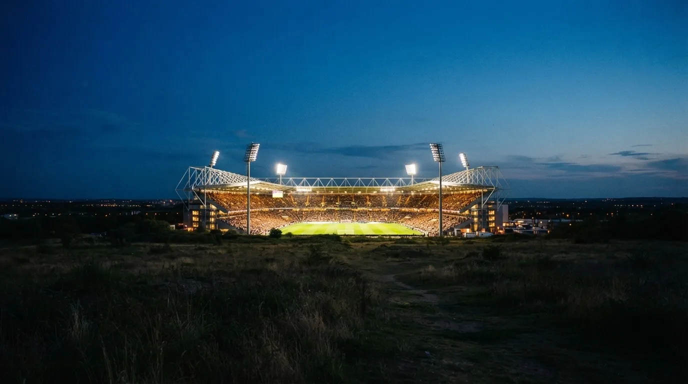 Ein Stadion unter Flutlicht aus großer Entfernung gesehen, der Himmel darüber ist tiefblau.