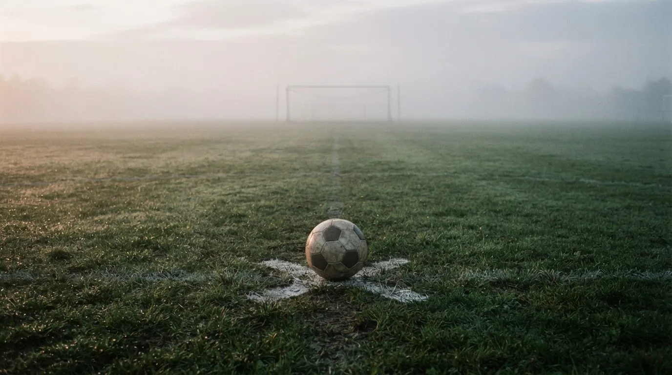 Ein Fußball liegt auf dem Anstoßpunkt eines leeren Rasenplatzes im Morgennebel.