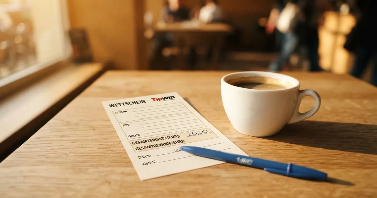 Ein leerer Wettschein aus Papier und ein Kugelschreiber liegen auf einem hellen Holztisch neben einer Kaffeetasse im warmen Seitenlicht.