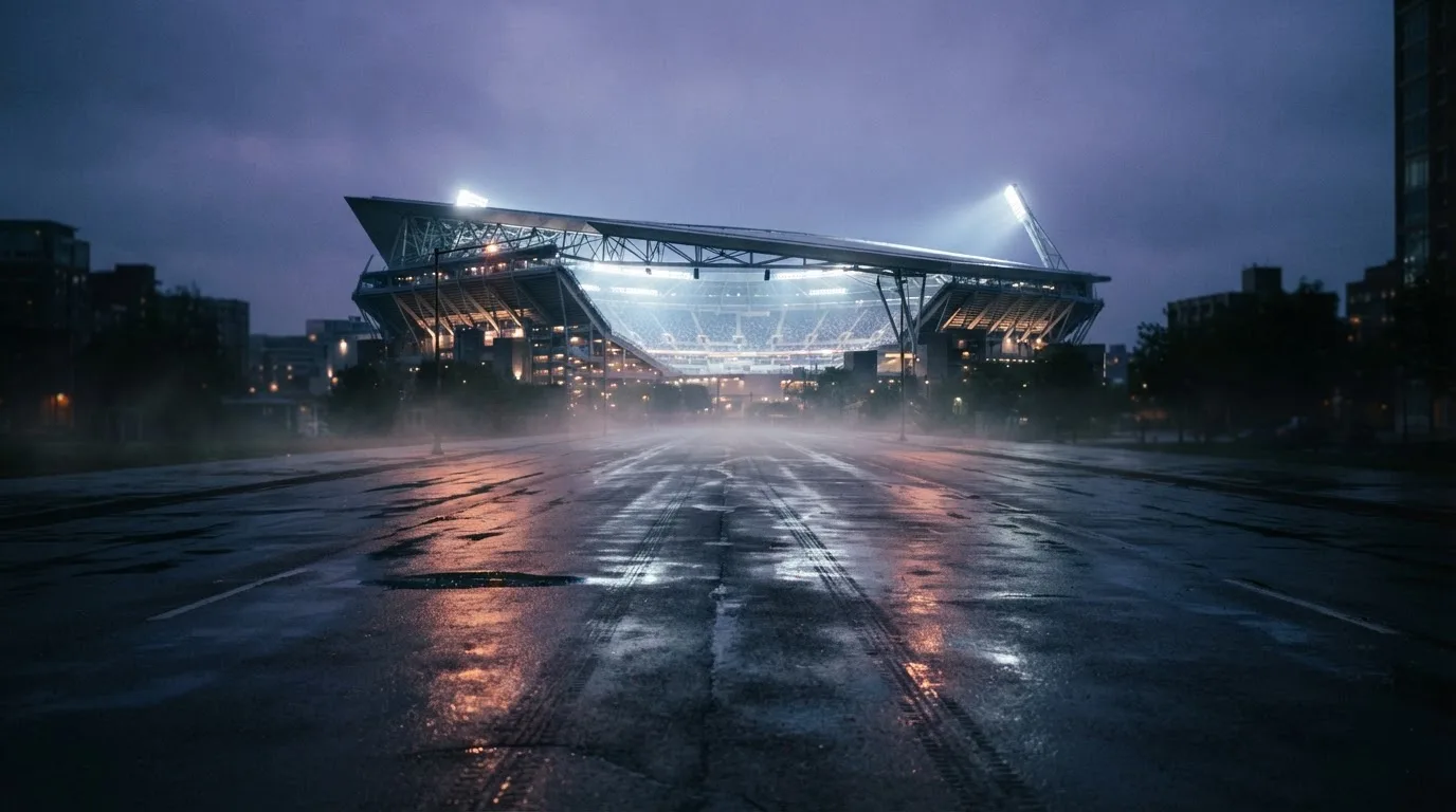 Ein Stadion unter Flutlicht aus großer Entfernung gesehen, davor eine regennasse Straße in der Dämmerung.