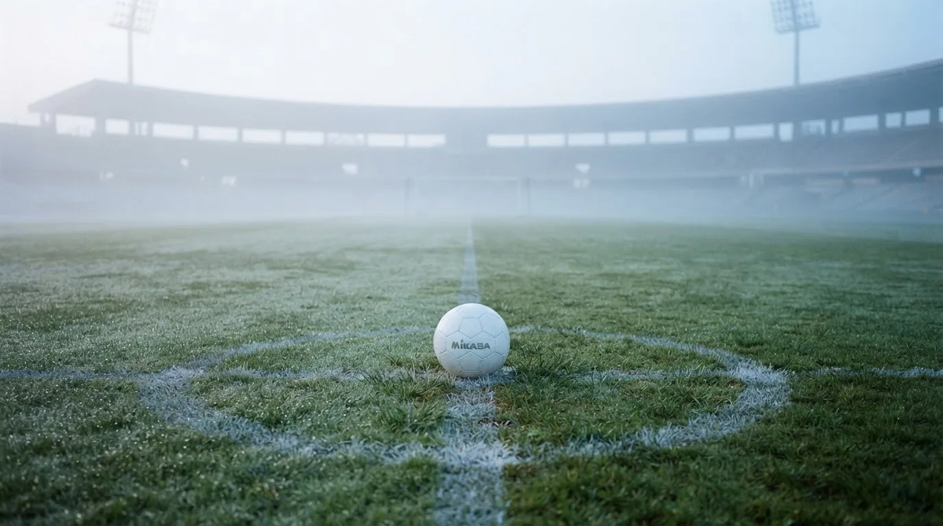 Ein Fußball liegt auf dem Anstoßpunkt eines leeren Rasenplatzes im Morgennebel.