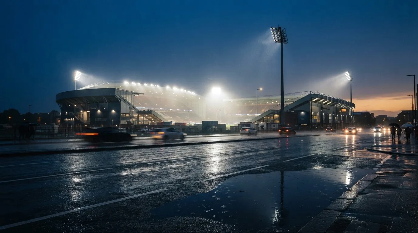 Ein Stadion unter Flutlicht aus großer Entfernung gesehen, davor eine regennasse Straße in der Dämmerung.