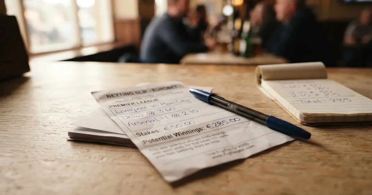 Ein leerer Wettschein aus Papier und ein Kugelschreiber liegen auf einem hellen Holztisch, daneben steht ein kleiner Taschenrechner.